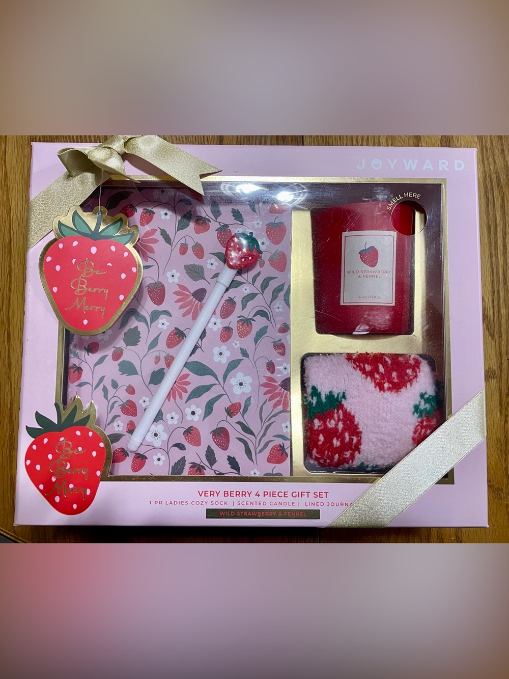 “Very Berry” Gift Set - fuzzy Socks, Journal w/pen & Strawberry Scented Candle